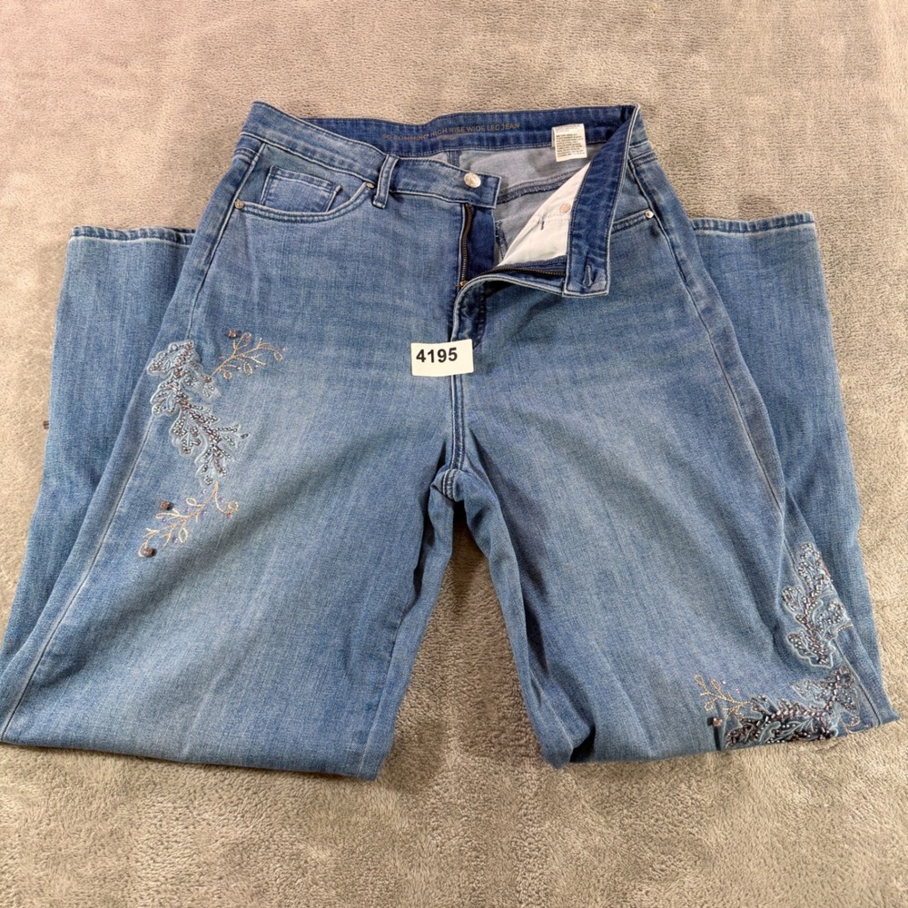 Chico's So Slimming Jeans Womens 12R Blue Embroidered Beaded High Rise Wide Leg
